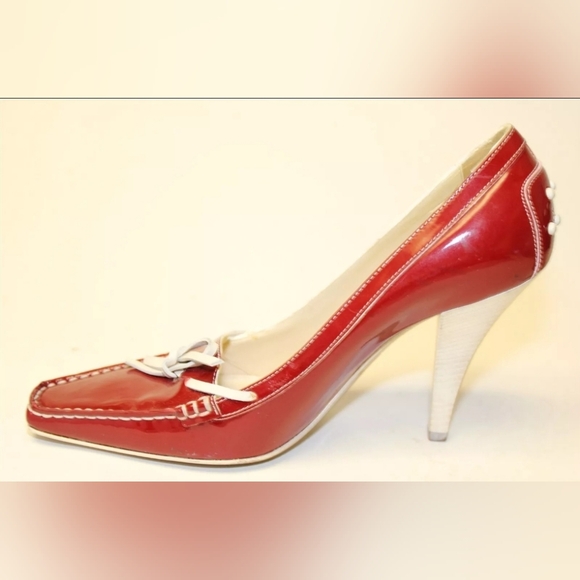 Tod's Womens Leather Square Toe Italy High Heeled Boat Shoes red 6 - Picture 5 of 16